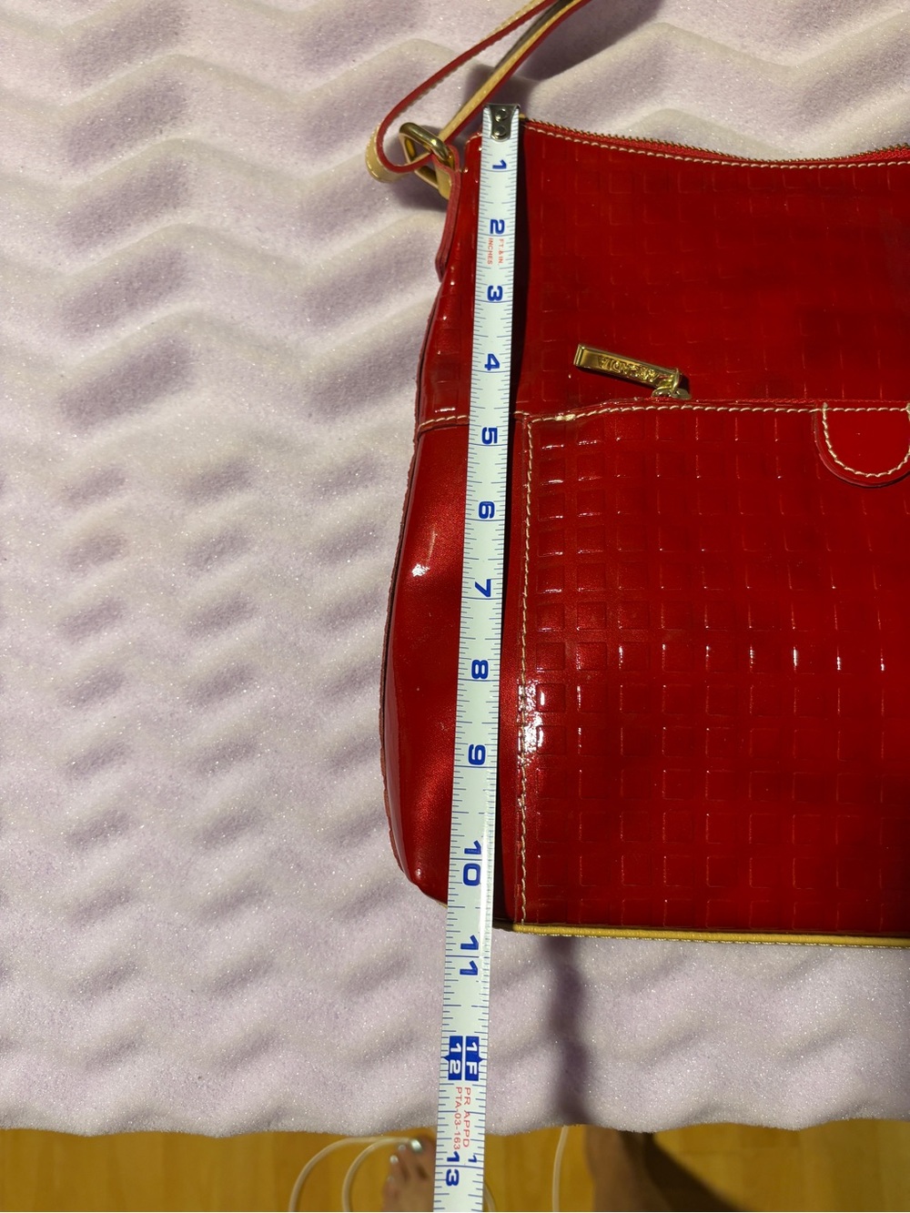 Italian Arcadia Red Patent Crossbody Bag with Contrast Strap - Picture 12 of 15